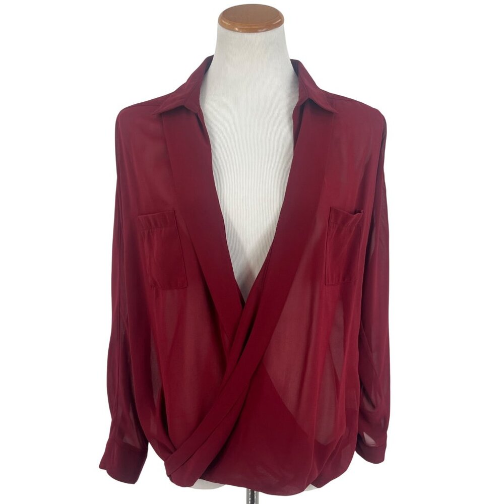Vintage Romeo & Juliet Couture Silk Blend Burgundy Draped Surplice Sheer Blouse - Picture 15 of 16